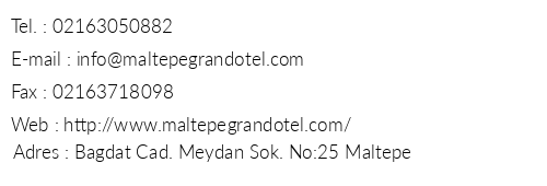 Maltepe Grand Otel telefon numaralar, faks, e-mail, posta adresi ve iletiim bilgileri